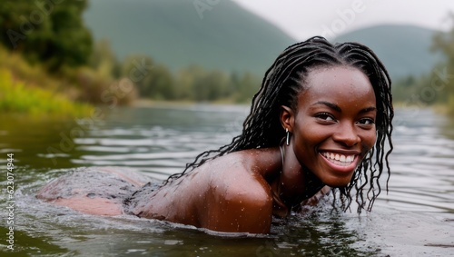 Portrait of beautiful erotic smiling wet black skin woman in the water in the rain. Generative AI © Vitaliy