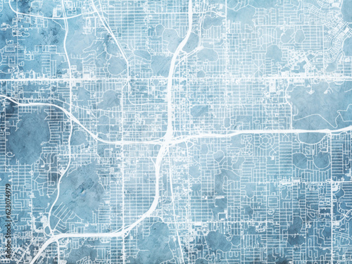 Illustration of a map of the city of  Orlando Florida in the United States of America with white roads on a icy blue frozen background.