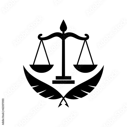 Law firm logo design concept and creative icon of feather and balance scale combination.