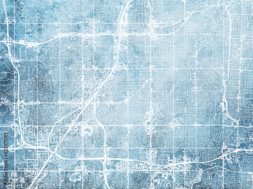 Illustration of a map of the city of  Overland Park Kansas in the United States of America with white roads on a icy blue frozen background.