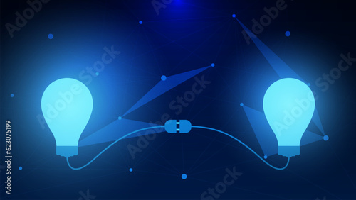 Connect idea or understanding with connecting lightbulbs for teamwork and communication. Abstract business futuristic technology background design concept.