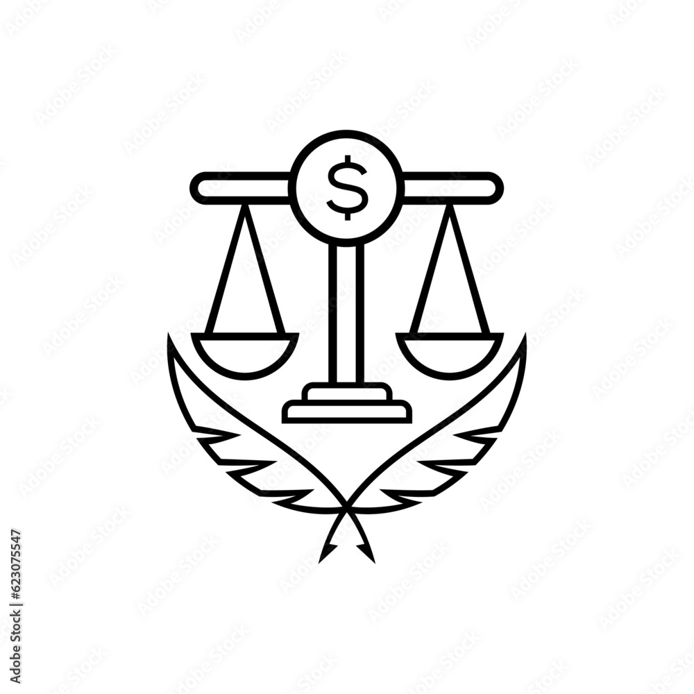 Justice scale feather and dollar symbol combination vector icon. Justice scale feather and dollar symbol combination vector icon.