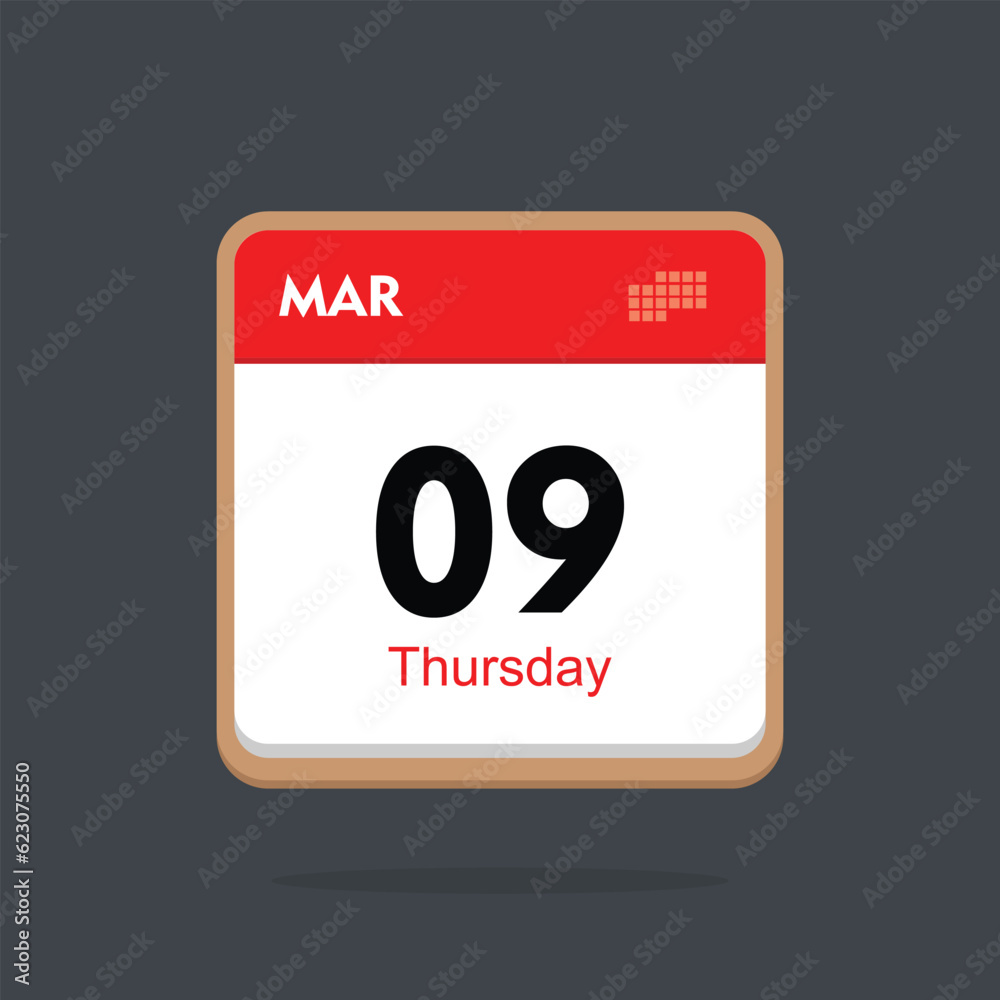 thursday 09 march icon with black background, calender icon