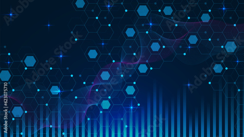Abstract network connection concept with hexagons and wave. Big data visualization, social networking and data transfer. Science and technology background.