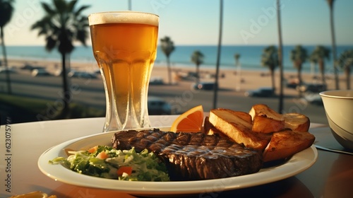 A glass of beer with steak and fries on the table.