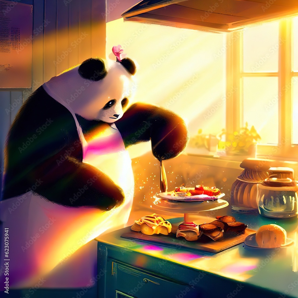 a panda bear baking a cake in a sunny kitchen, digital art
