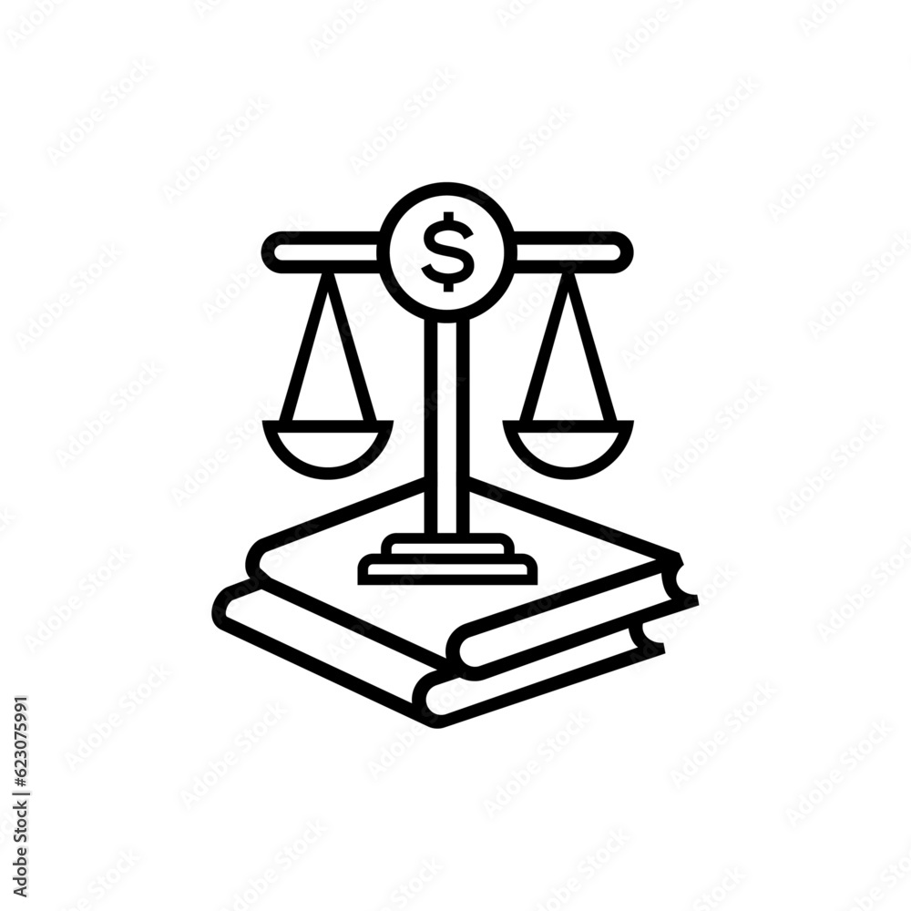 scales of justice and law icon. Balance scale, money and book combination vector icon. scales of justice and law icon. Balance scale, money and book combination vector icon.