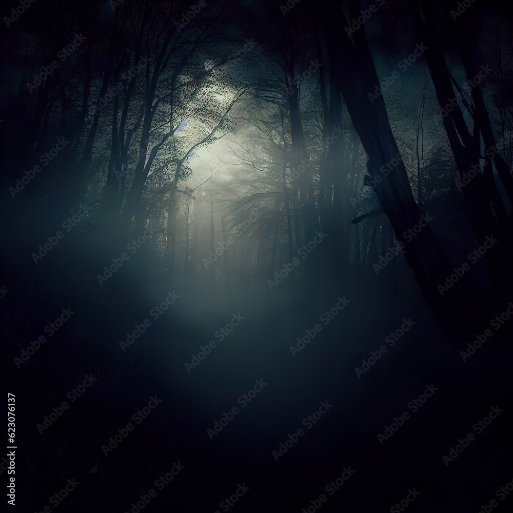 Dark gloomy forest. Night in the forest. Nature scene with forest and moonlight. Night view of the forest, nature, fog, smog, smoke