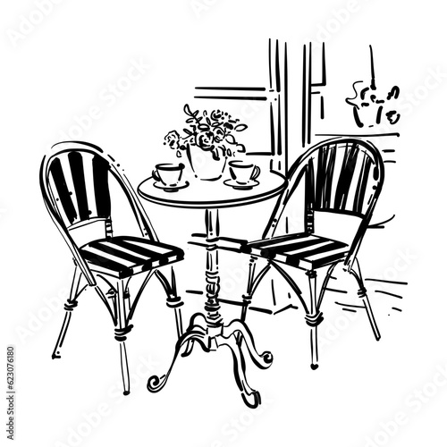 garden furniture, table and two chairs vector illustration. table for two doodle sketch