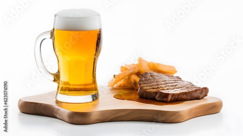 Beer glass with steak and french fries on white background