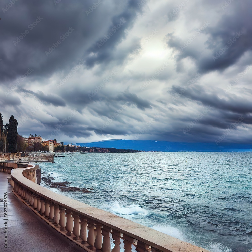 Lovran promenade and coastline, view of Adriatic sea and Kvarner gulf on cold overcast day with stormy clouds at sky