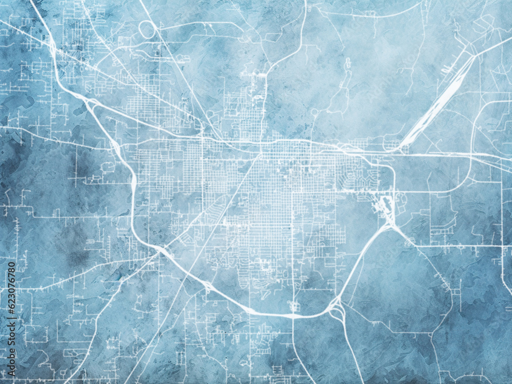 Illustration of a map of the city of  Pine Bluff Arkansas in the United States of America with white roads on a icy blue frozen background.