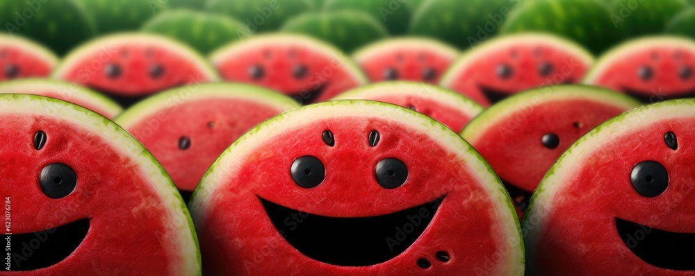 Happy red fresh watermelon with black seeds in, summer healthy food panorama. Generative Ai. Happy red fresh watermelon with black seeds in, summer healthy food panorama. Generative Ai.