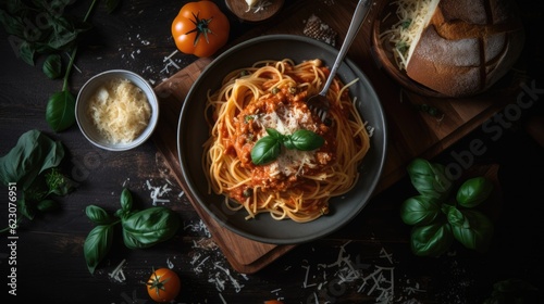 top down view of spaghetti pomodoro with cheese - food photography