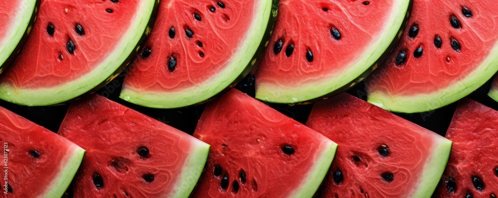 Texture of fresh red watermelon slices, background, panorama. of summer food. Generative Ai. Texture of fresh red watermelon slices, background, panorama. of summer food. Generative Ai.