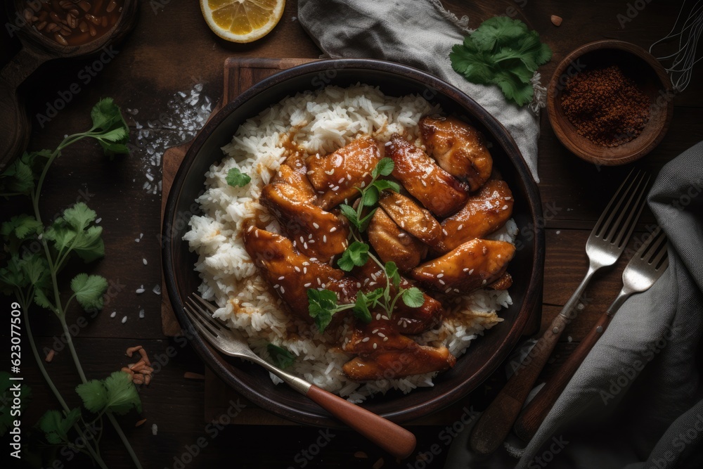 top down view of Bourbon Chicken Cajun style  - food photography