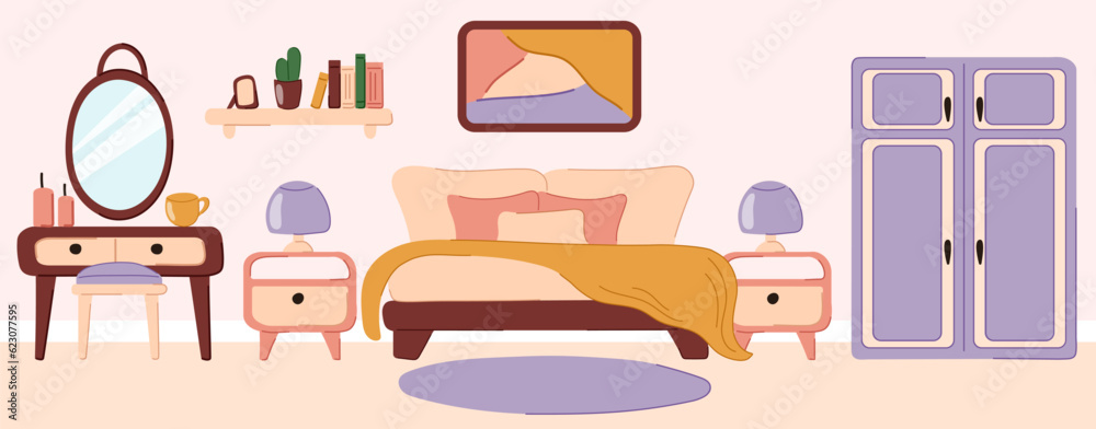 Interior design bedroom with bed, wardrobe, bedside tables, mirror, vase, chandeliers, dressing table. Vector flat, doodle style illustration. Interior design bedroom with bed, wardrobe, bedside tables, mirror, vase, chandeliers, dressing table. Vector flat, doodle style illustration.