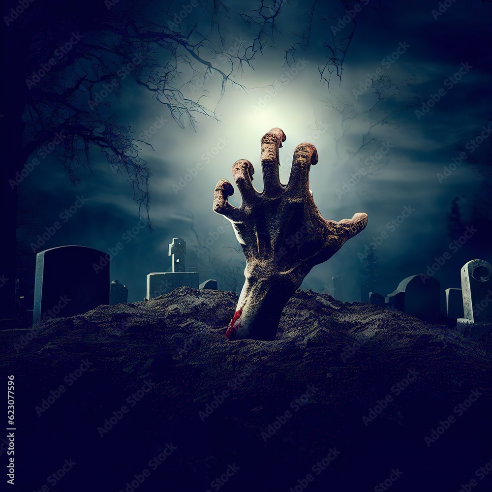 Zombie Hand Rising Out Of A Graveyard In Spooky Night Zombie Hand Rising Out Of A Graveyard In Spooky Night