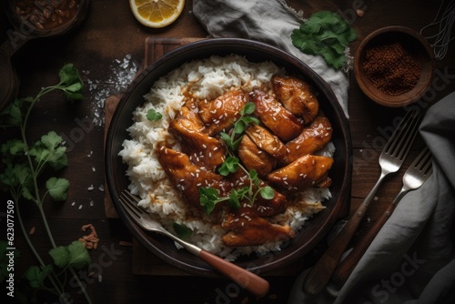 top down view of Bourbon Chicken Cajun style - food photography