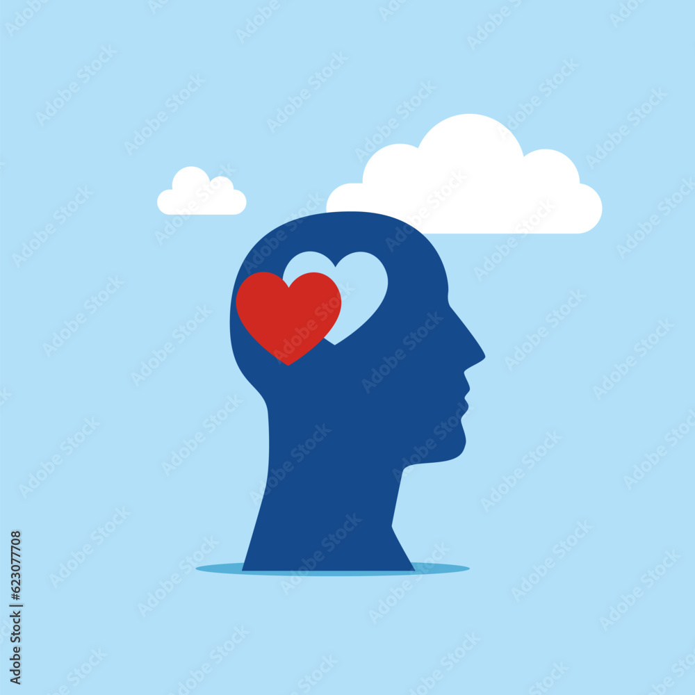 Hole in a head in the shape of heart. Love, instinct and romance concept. Flat vector illustration.