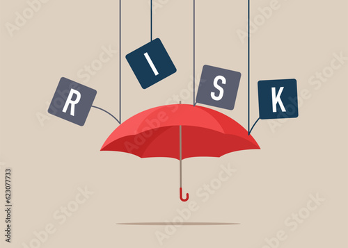 Red umbrella protects against risk. Protection, safety, danger, protection Idea. Flat vector illustration