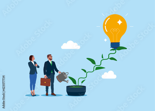 Business people watering seedling growing light bulbs in flower pot plant growing up as stair to climb to reach success. Growth, creativity and innovation concept. Modern flat vector illustration.