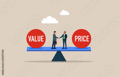 Businessman handshake with success negotiation over balance seesaw with value and price text. Negotiation for business, agreement, merger and acquisition. Vector illustration.