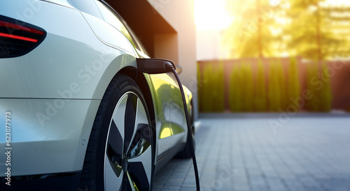 Billede på lærred Generic electric vehicle EV hybrid car is being charged from a wallbox on a contemporary modern residential building house