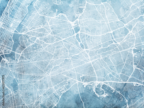 Illustration of a map of the city of Queens New York in the United States of America with white roads on a icy blue frozen background.