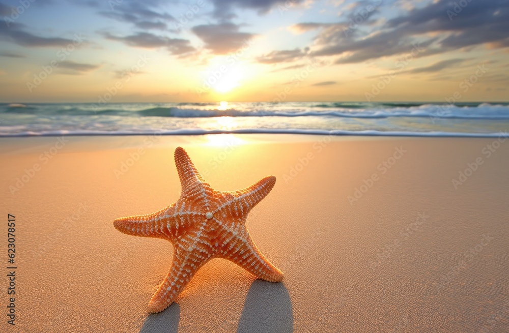 Starfish on white sand beach at sunset ocean. Starfish on white sand beach at sunset ocean.