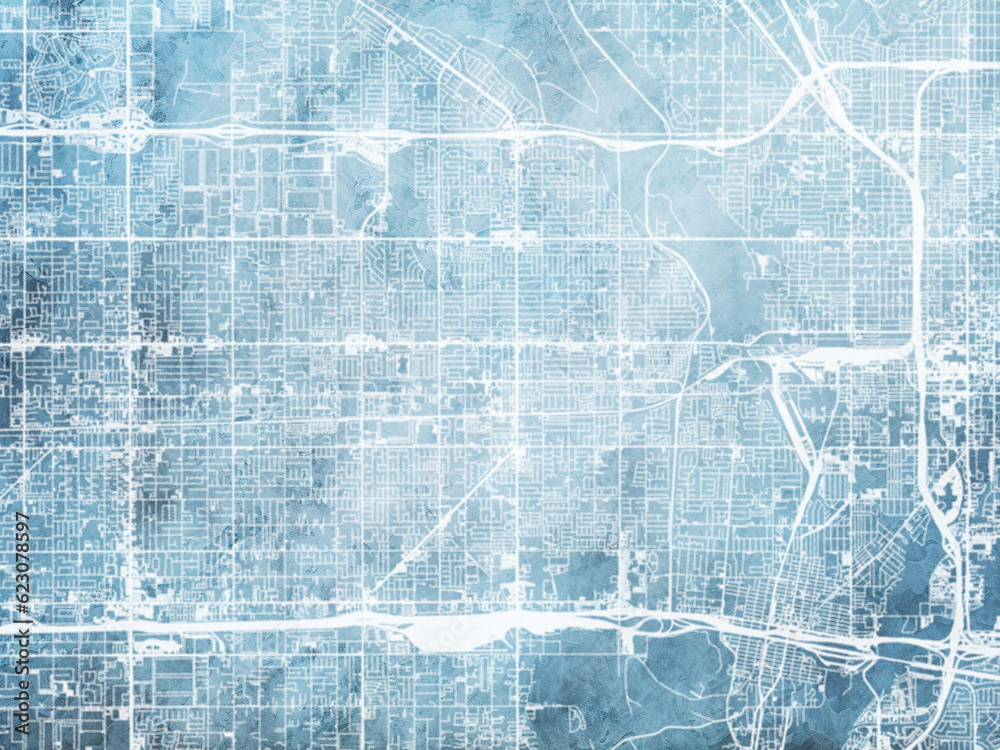 Obraz premium Illustration of a map of the city of Rialto California in the United States of America with white roads on a icy blue frozen background.