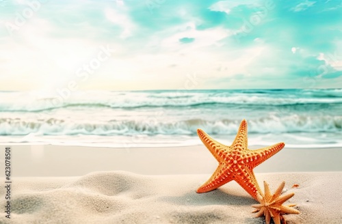 Starfish on white sand beach at sunset ocean.