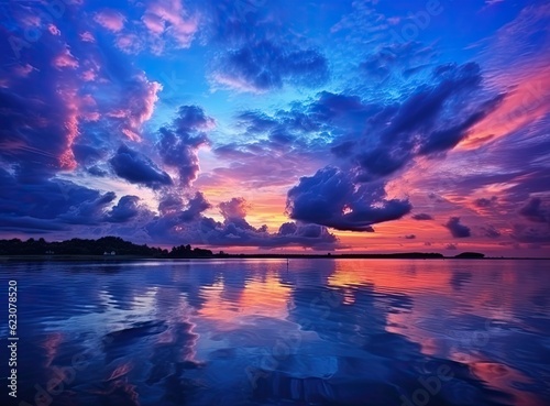 Sunrise over the sea and nice beach in purple color. Generative AI © Marharyta