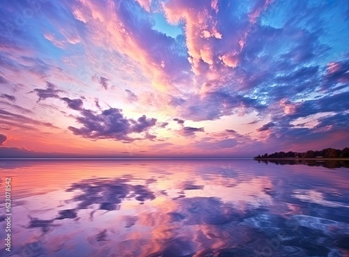 Sunrise over the sea and nice beach in purple color. Generative AI © Marharyta