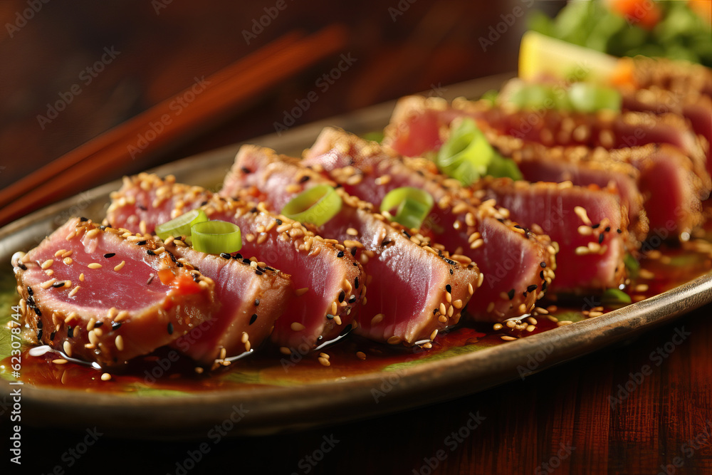 Delicious tuna carpaccio: close-up of plate. Created using generative AI tools