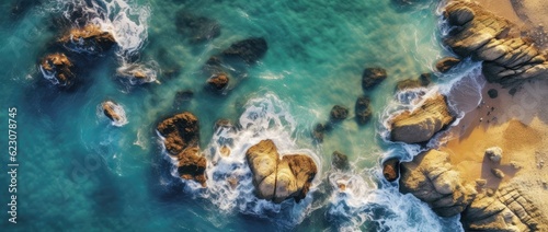 Aerial view of the ocean rocky shore.