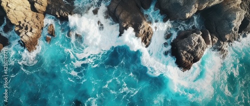Stampa su tela Aerial view of the ocean rocky shore.
