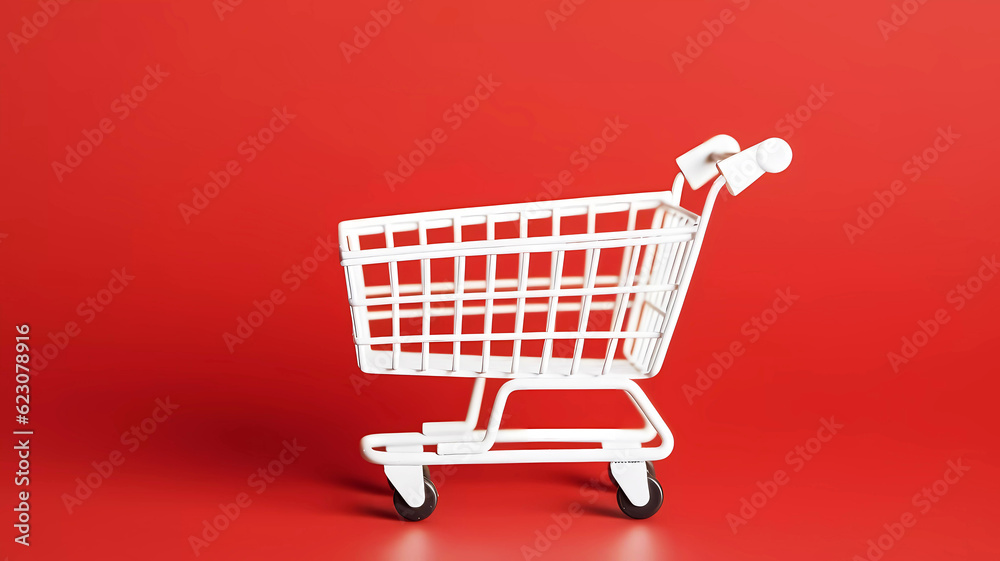 Shopping cart on red discount background. Generative ai design. Shopping cart on red discount background. Generative ai design.