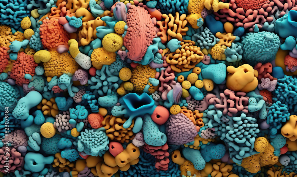 Colorful coral, sea shells, and pebbles texture: vibrant coastal background. Generated AI tools