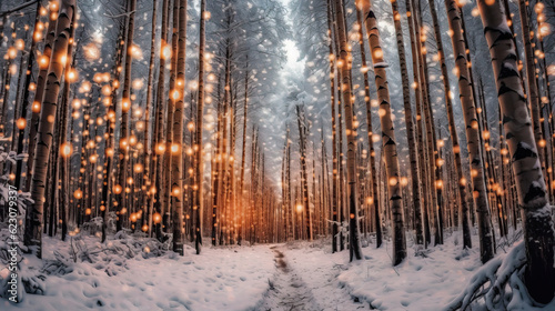 Glistening winter forest: snowy wonderland in setting sun's rays. Created using generative AI tools © Nick Alias