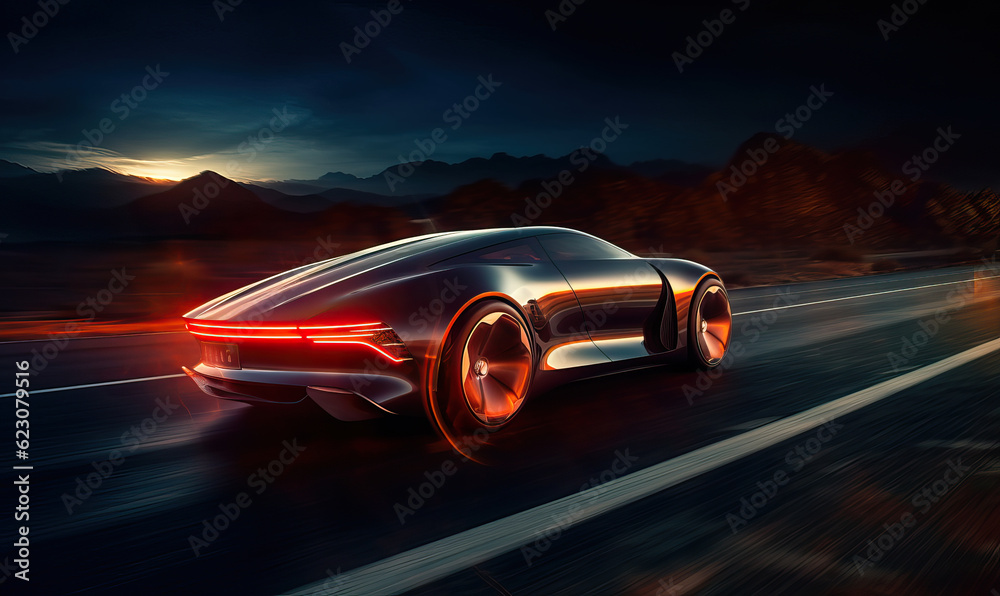 Dynamic night drive: concept car speeding on highway in black, red, and orange. Generated AI tools