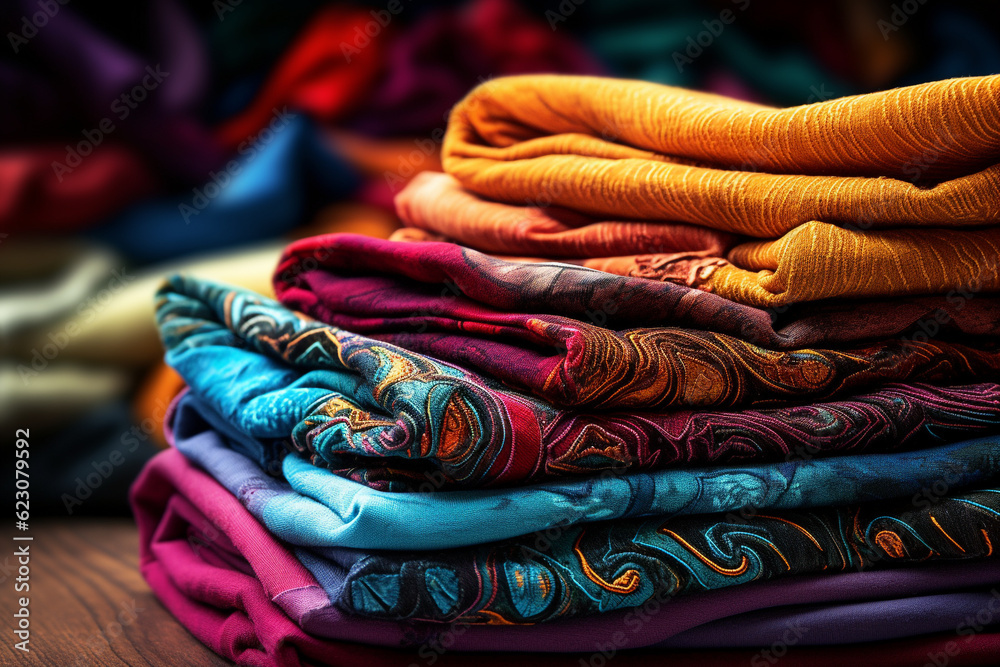A stack of multicolored clothes on the bed