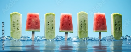 Popsicles of fresh and healthy watermelom on blue background, summer panorama. Generative Ai. photo