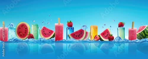 Popsicles of fresh and healthy watermelom on blue background, summer panorama. Generative Ai. photo