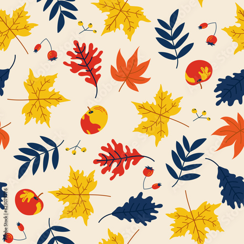 Seamless pattern with autumn leaves in orange, beige, yellow and blue. Ideal for wallpaper, gift paper, pattern fill, web page background