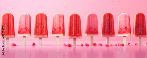 Popsicles of fresh and healthy watermelom on pink background, summer panorama. Generative Ai.