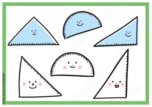 かわいい三角定規と分度器のイラスト　勉強　 角度　 算数　文房具　キャラクター　顔　擬人化