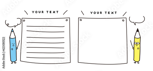 かわいい鉛筆キャラクターのイラスト　説明　お知らせ　勉強　 白紙　イメージ　ベクター