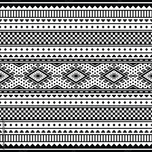 Vector illustration with ethnic style design for fabric print. Seamless geometric pattern. Navajo and Aztec tribal motifs. Black and white colors.