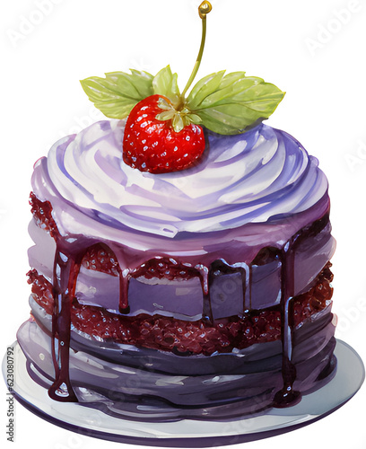 Watercolor Cake Illustration with Strawberry Topping and  Blueberry Melt